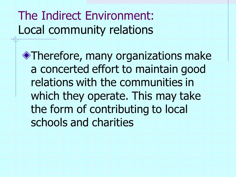 The Indirect Environment: Local community relations  Therefore, many organizations make a concerted effort